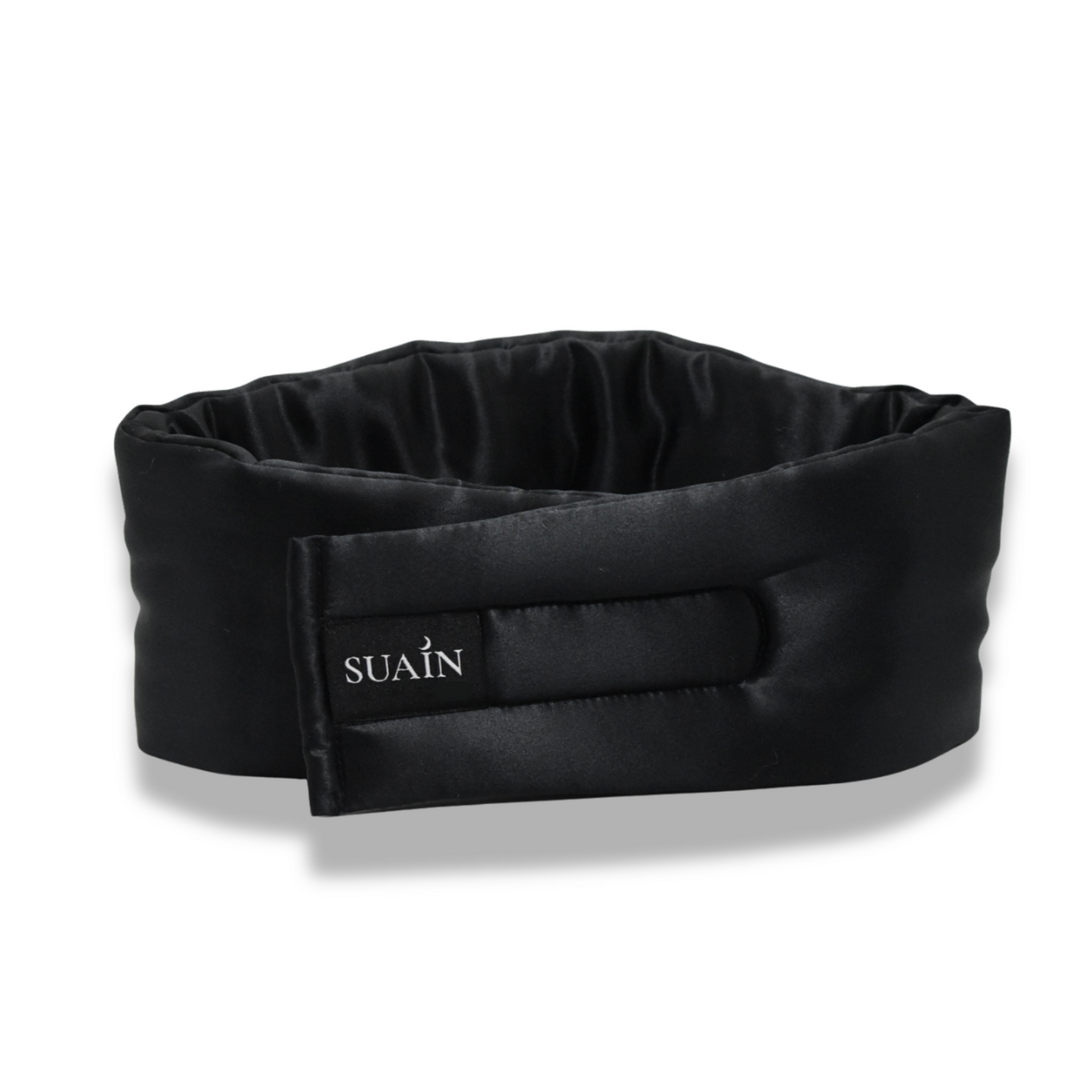 Luxury black silk sleep mask detail shot from the back – Suain Sleep
