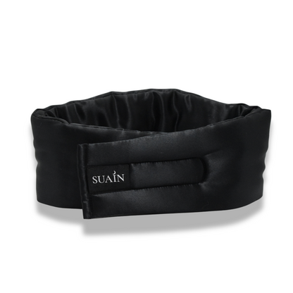 Luxury black silk sleep mask detail shot from the back – Suain Sleep