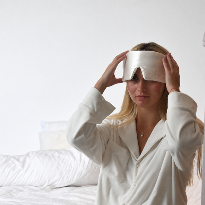 Organic Mulberry Silk Sleep Mask in Ivory White, person