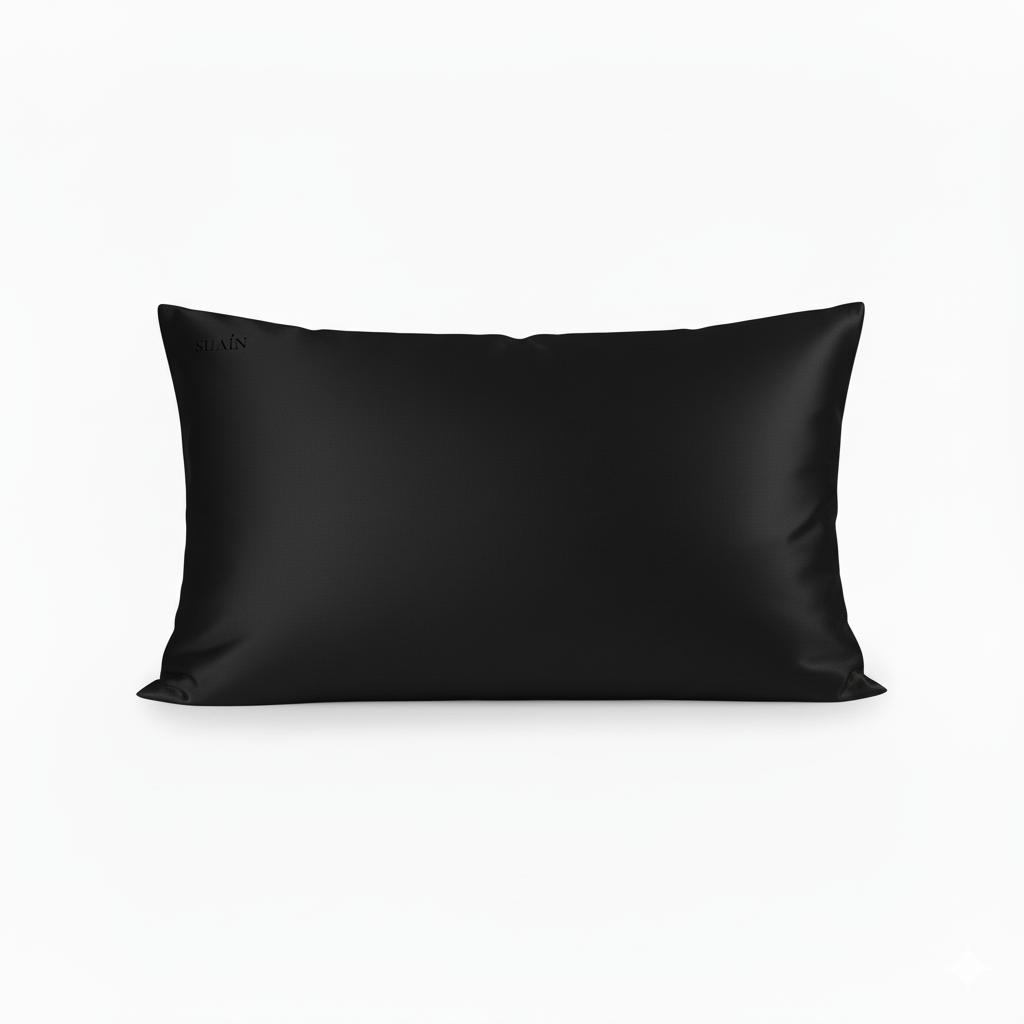 A black mulberry silk pillowcase with a subtle brand logo in the top left corner.