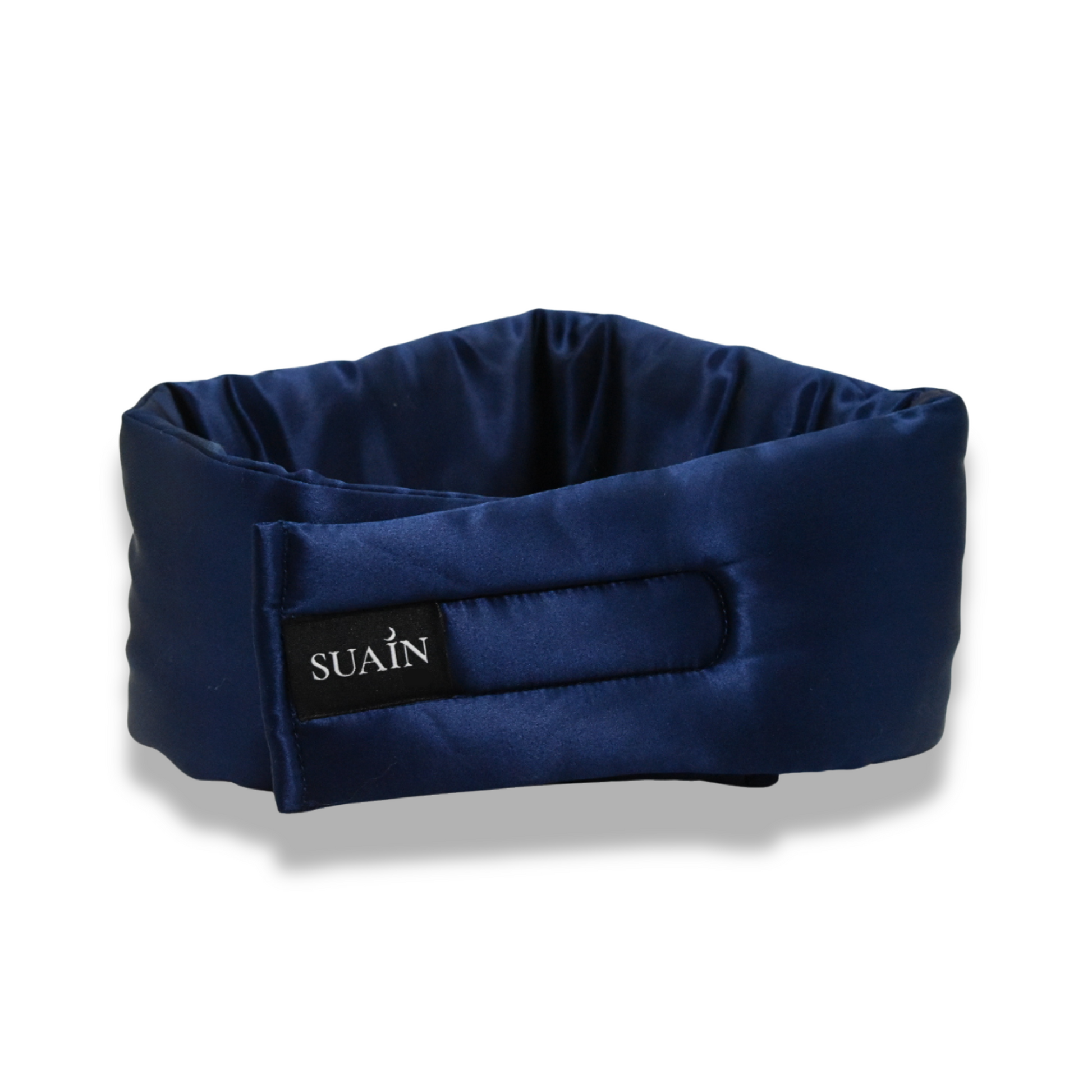Luxury navy silk sleep mask detail shot from the back – Suain Sleep