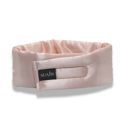 Luxury pink silk sleep mask detail shot from the back – Suain Sleep