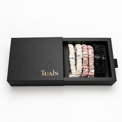 Six silk skinny scrunchies in a Still Suain gift box, image 1