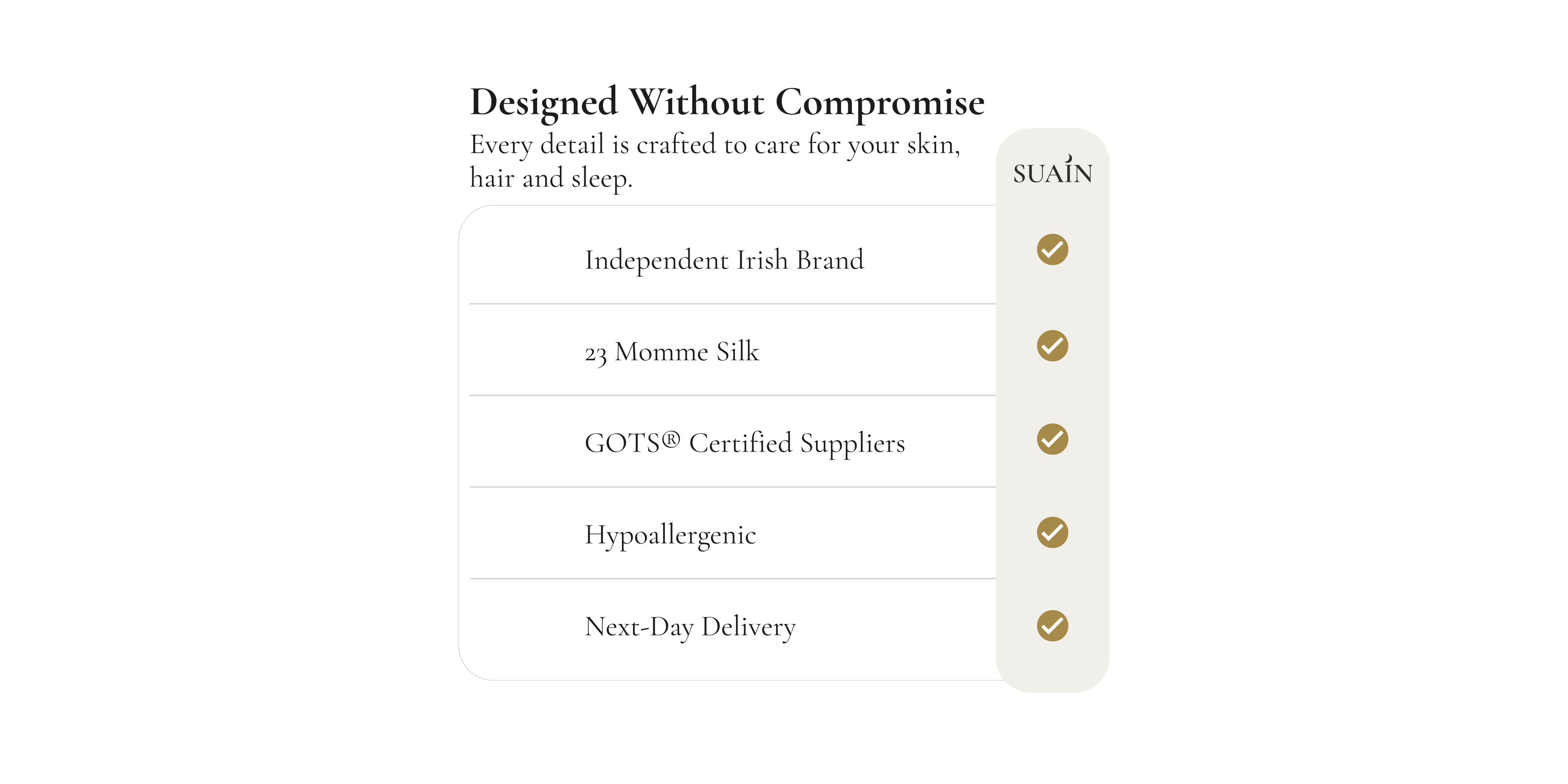 Table showing benefits of Suain Sleep mulberry silk pillowcase for hair, skin, and sleep – Suain Sleep