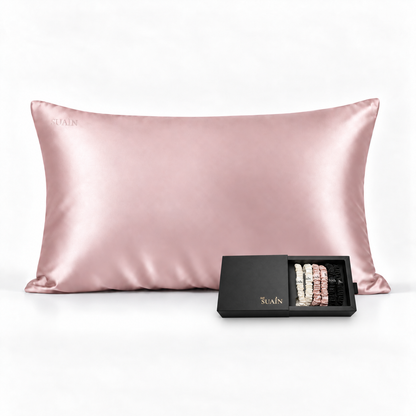 Dawn Pink silk pillowcase with silk scrunchies in their gift box
