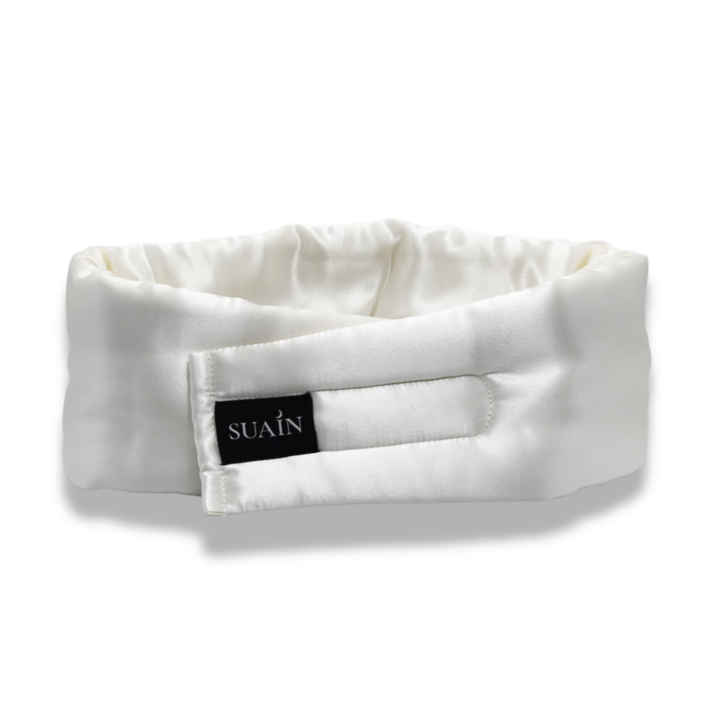 Luxury white silk sleep mask detail shot from the back – Suain Sleep