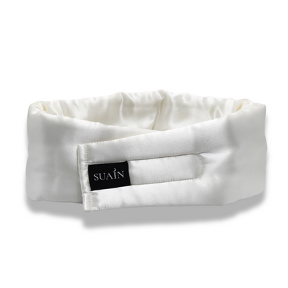 Luxury white silk sleep mask detail shot from the back – Suain Sleep